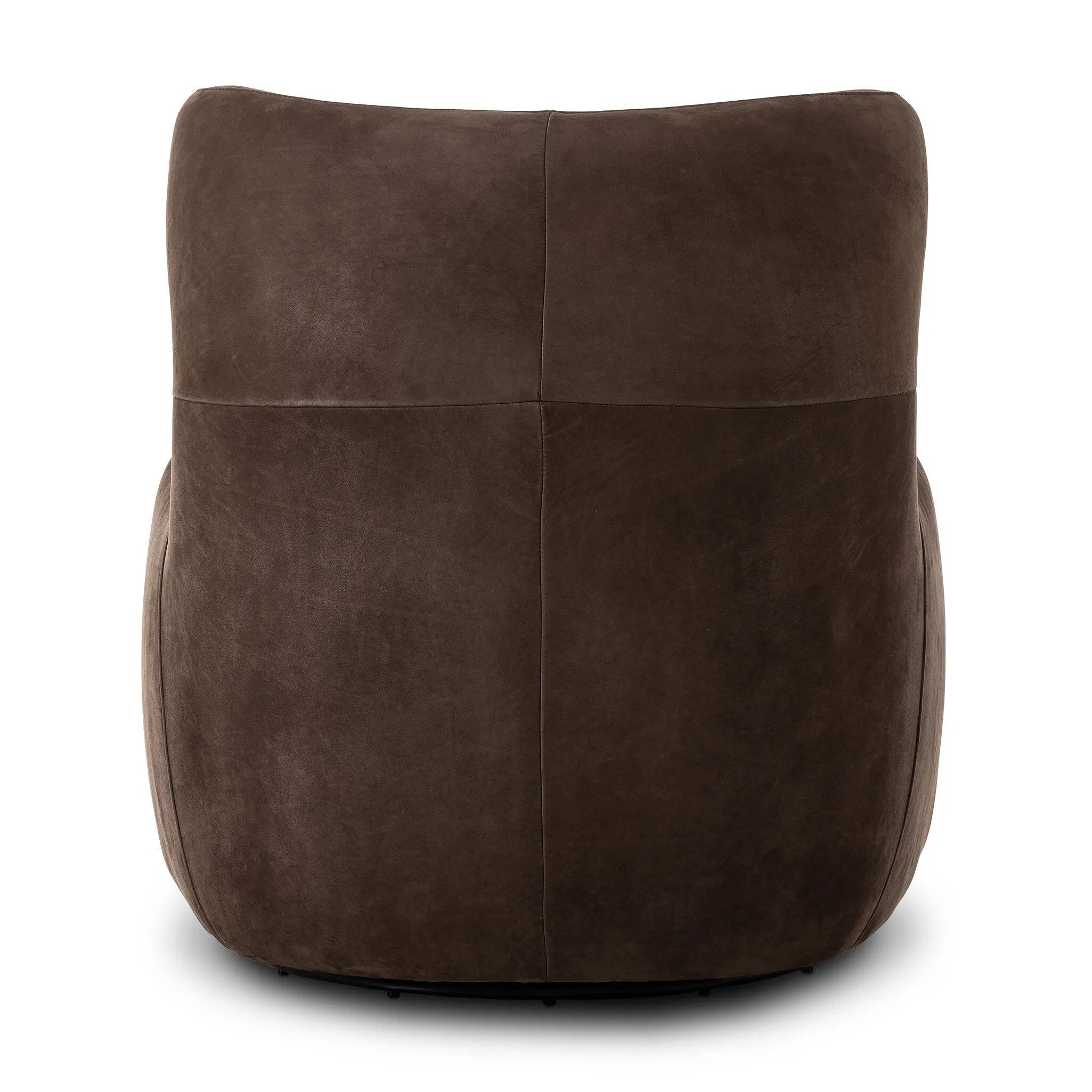 Modern wingback with a twist of barrel back design, this enveloping swivel chair comes with velvety upholstery in a deep brown hue. Deeply cushioned back and seating for maximum comfort, the chair is affixed to a 360-degree swivel base for relaxed lounging Amethyst Home provides interior design, new home construction design consulting, vintage area rugs, and lighting in the Salt Lake City metro area.