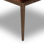 An armless dining style pairs a slim profile and curved back, for a beautifully contoured look. Framed by dark-finished solid oak featuring a center cutout, velvety, rust-colored cushioning crafts a comfortable seat perfect for everyday dining Amethyst Home provides interior design, new home construction design consulting, vintage area rugs, and lighting in the Charlotte metro area.