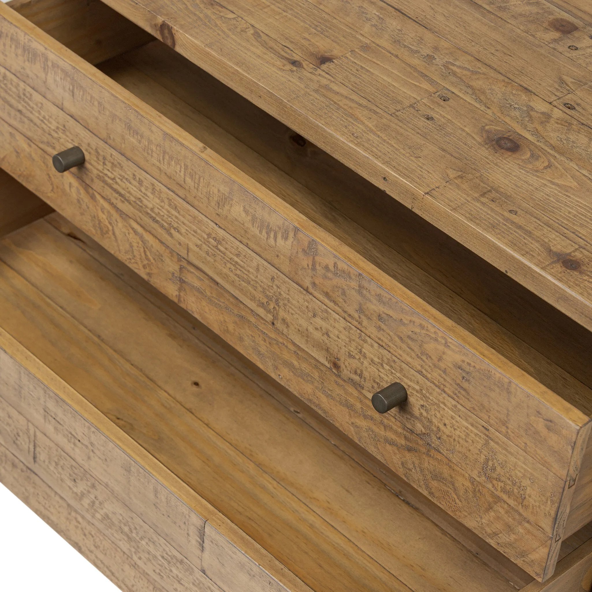 Bring organic character to your bedside with a two-drawer dresser of solid reclaimed pine. A rustic finish plays up natural knots and graining, for a beautifully rich look Amethyst Home provides interior design, new home construction design consulting, vintage area rugs, and lighting in the Newport Beach metro area.