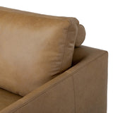 Featuring Melle Lipari Camel Sofa by Four Hands at Amethyst Home. A minimalist form to redefine contemporary seating. Made from tan top-grain leather with a slim profile, expert tailoring and plush cushions for comfort. Sleek metal legs and compact sizing make this piece a versatile anchor for smaller living spaces.Overall Dimensions: 87.50"w x 41.25"d x 3. Amethyst Home provides interior design, new home construction design consulting, vintage area rugs, and lighting in the Alpharetta metro area.