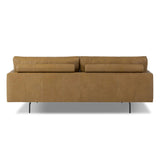 Featuring Melle Lipari Camel Sofa by Four Hands at Amethyst Home. A minimalist form to redefine contemporary seating. Made from tan top-grain leather with a slim profile, expert tailoring and plush cushions for comfort. Sleek metal legs and compact sizing make this piece a versatile anchor for smaller living spaces.Overall Dimensions: 87.50"w x 41.25"d x 33. Amethyst Home provides interior design, new home construction design consulting, vintage area rugs, and lighting in the Calabasas metro area.