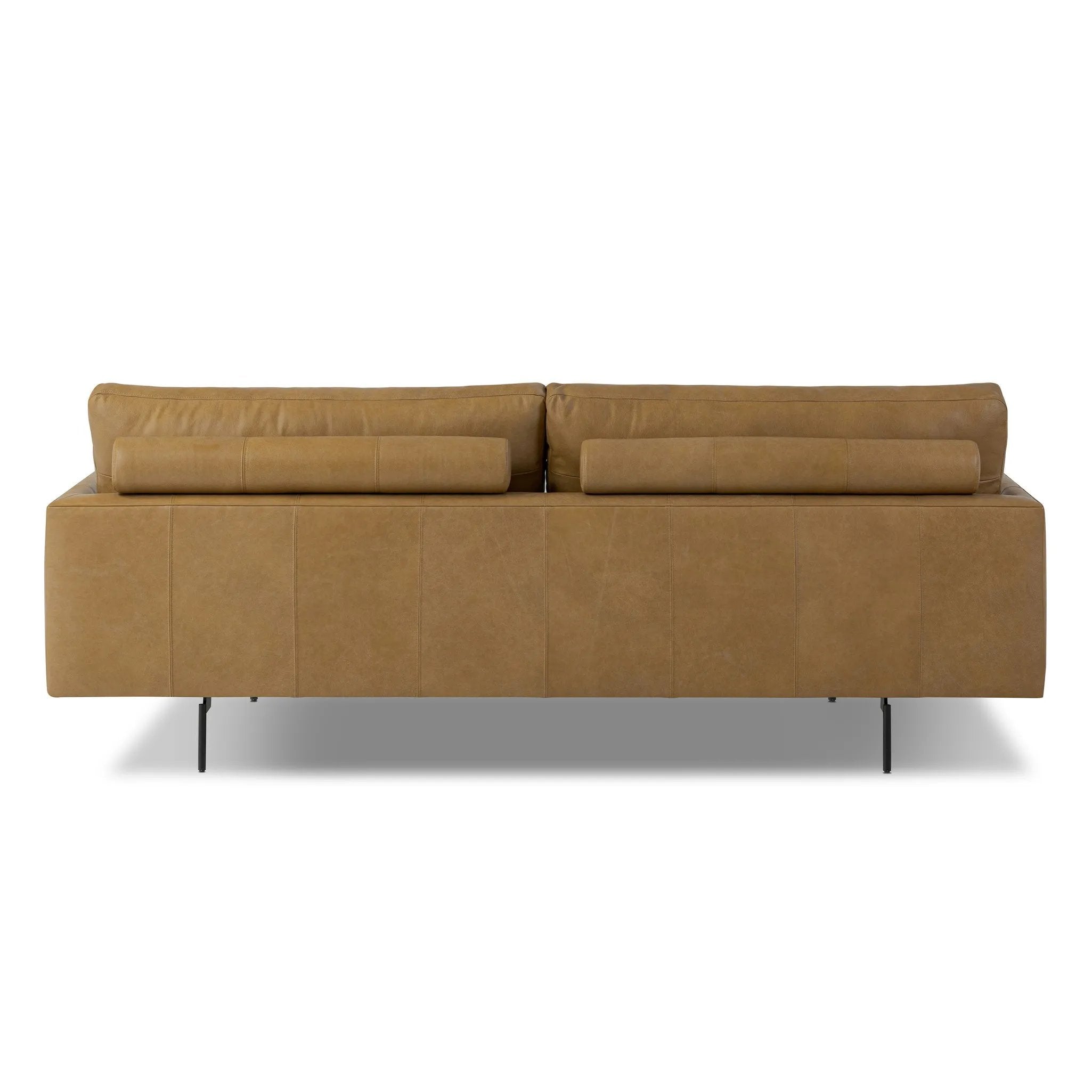Featuring Melle Lipari Camel Sofa by Four Hands at Amethyst Home. A minimalist form to redefine contemporary seating. Made from tan top-grain leather with a slim profile, expert tailoring and plush cushions for comfort. Sleek metal legs and compact sizing make this piece a versatile anchor for smaller living spaces.Overall Dimensions: 87.50"w x 41.25"d x 33. Amethyst Home provides interior design, new home construction design consulting, vintage area rugs, and lighting in the Calabasas metro area.