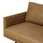Featuring Melle Lipari Camel Sofa by Four Hands at Amethyst Home. A minimalist form to redefine contemporary seating. Made from tan top-grain leather with a slim profile, expert tailoring and plush cushions for comfort. Sleek metal legs and compact sizing make this piece a versatile anchor for smaller living spaces.Overall Dimensions: 87.50"w x 41.25"d x 33.00". Amethyst Home provides interior design, new home construction design consulting, vintage area rugs, and lighting in the Miami metro area.