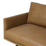 Featuring Melle Lipari Camel Sofa by Four Hands at Amethyst Home. A minimalist form to redefine contemporary seating. Made from tan top-grain leather with a slim profile, expert tailoring and plush cushions for comfort. Sleek metal legs and compact sizing make this piece a versatile anchor for smaller living spaces.Overall Dimensions: 87.50"w x 41.25"d x 33.00". Amethyst Home provides interior design, new home construction design consulting, vintage area rugs, and lighting in the Miami metro area.