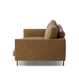 Featuring Melle Lipari Camel Sofa by Four Hands at Amethyst Home. A minimalist form to redefine contemporary seating. Made from tan top-grain leather with a slim profile, expert tailoring and plush cushions for comfort. Sleek metal legs and compact sizing make this piece a versatile anchor for smaller living spaces.Overall Dimensions: 87.50"w x 41.25"d x 33. Amethyst Home provides interior design, new home construction design consulting, vintage area rugs, and lighting in the San Diego metro area.