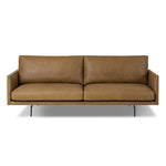 Featuring Melle Lipari Camel Sofa by Four Hands at Amethyst Home. A minimalist form to redefine contemporary seating. Made from tan top-grain leather with a slim profile, expert tailoring and plush cushions for comfort. Sleek metal legs and compact sizing make this piece a versatile anchor for smaller living spaces.Overall Dimensions: 87.50"w x 41.25"d x 33.00". Amethyst Home provides interior design, new home construction design consulting, vintage area rugs, and lighting in the Tampa metro area.