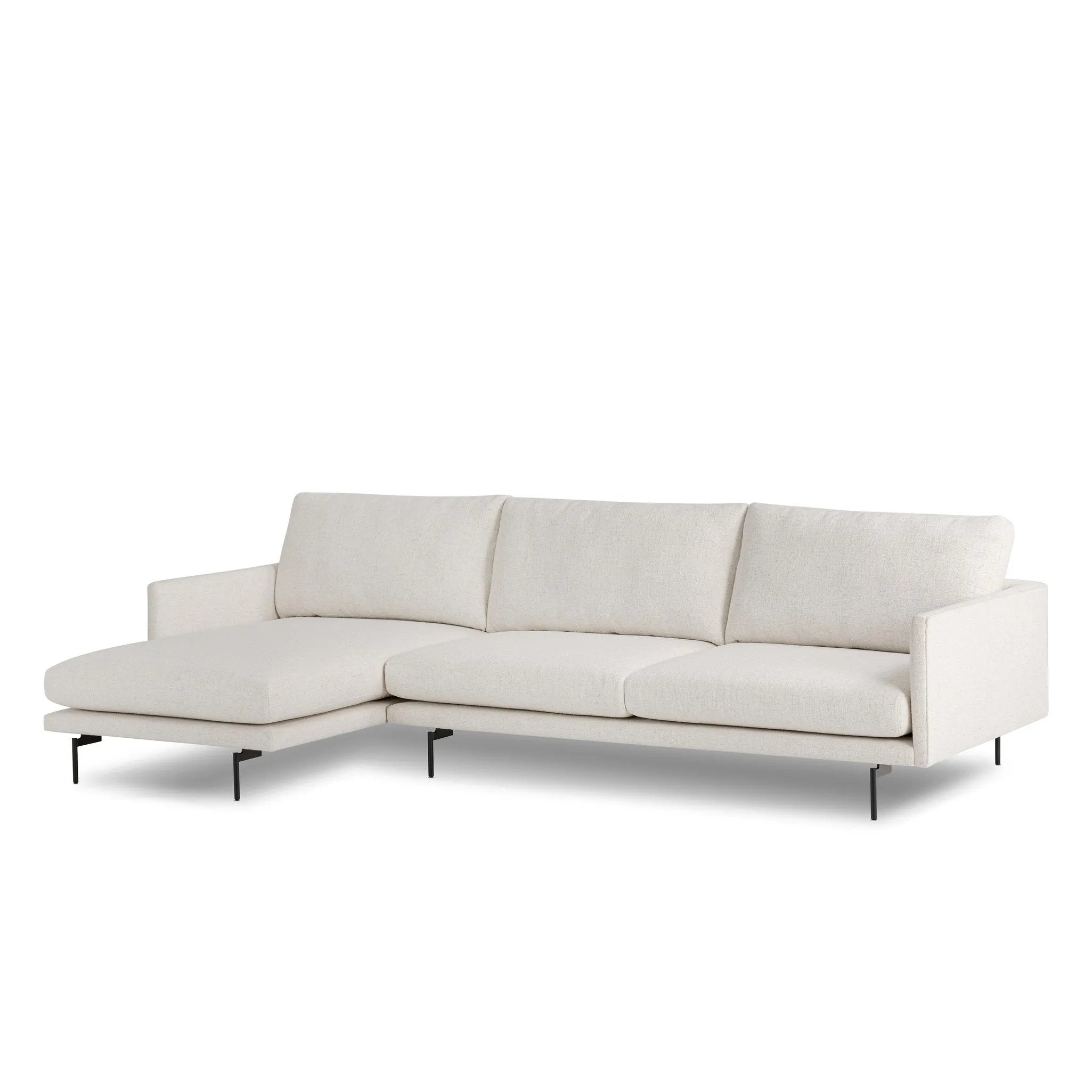 Featuring Melle Omari Natural 2-Piece Sectional by Four Hands at Amethyst Home. A minimalist form to redefine the contemporary sectional. Made from light, neutral high-performance with a slim profile, expert tailoring and plush cushions for comfort. Sleek metal legs and compact sizing make this piece a versatile anchor for smaller living spaces. Performance fa. Amethyst Home provides interior design, new home construction design consulting, vintage area rugs, and lighting in the Austin metro area.