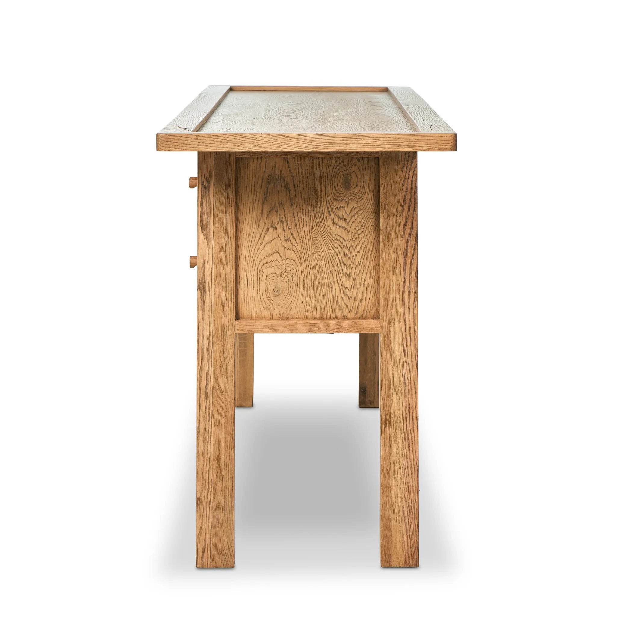 Featuring Millbrook Natural Light Oak Veneer Console Table by Four Hands at Amethyst Home. Inspired by a vintage general store counter, this console table features a heritage design with a modern twist. Thick oak legs with softened corners provide sturdy support, while oak knobs add a touch of classic charm. The inset tray top and varied drawer configurat. Amethyst Home provides interior design, new home construction design consulting, vintage area rugs, and lighting in the Kansas City metro area.