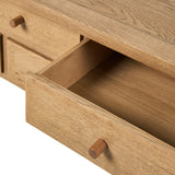 Featuring Millbrook Natural Light Oak Veneer Console Table by Four Hands at Amethyst Home. Inspired by a vintage general store counter, this console table features a heritage design with a modern twist. Thick oak legs with softened corners provide sturdy support, while oak knobs add a touch of classic charm. The inset tray top and varied drawer configuratio. Amethyst Home provides interior design, new home construction design consulting, vintage area rugs, and lighting in the Nashville metro area.