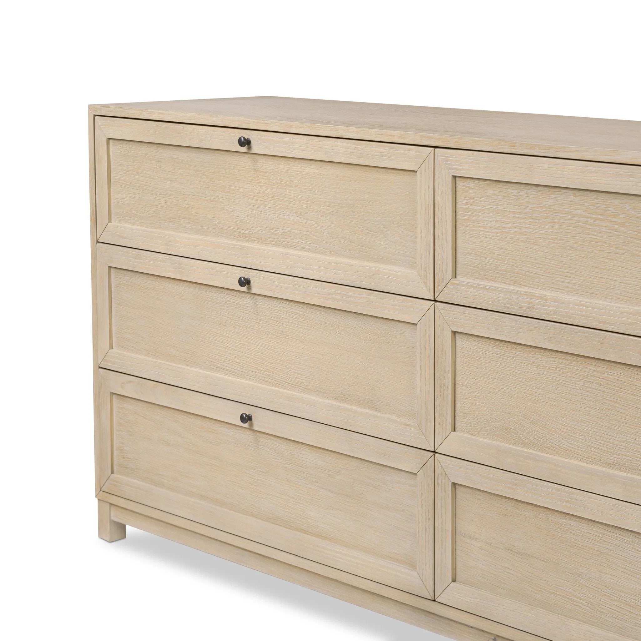 Featuring six spacious drawers with smooth fronts fixed with matching knobs, this light oak veneer dresser brings spacious storage to the room. This item has been modified to comply with the STURDY Act. See a full list of modified products and data changes in the “STURDY Act” file in the Downloads section below Amethyst Home provides interior design, new home construction design consulting, vintage area rugs, and lighting in the Laguna Beach metro area.