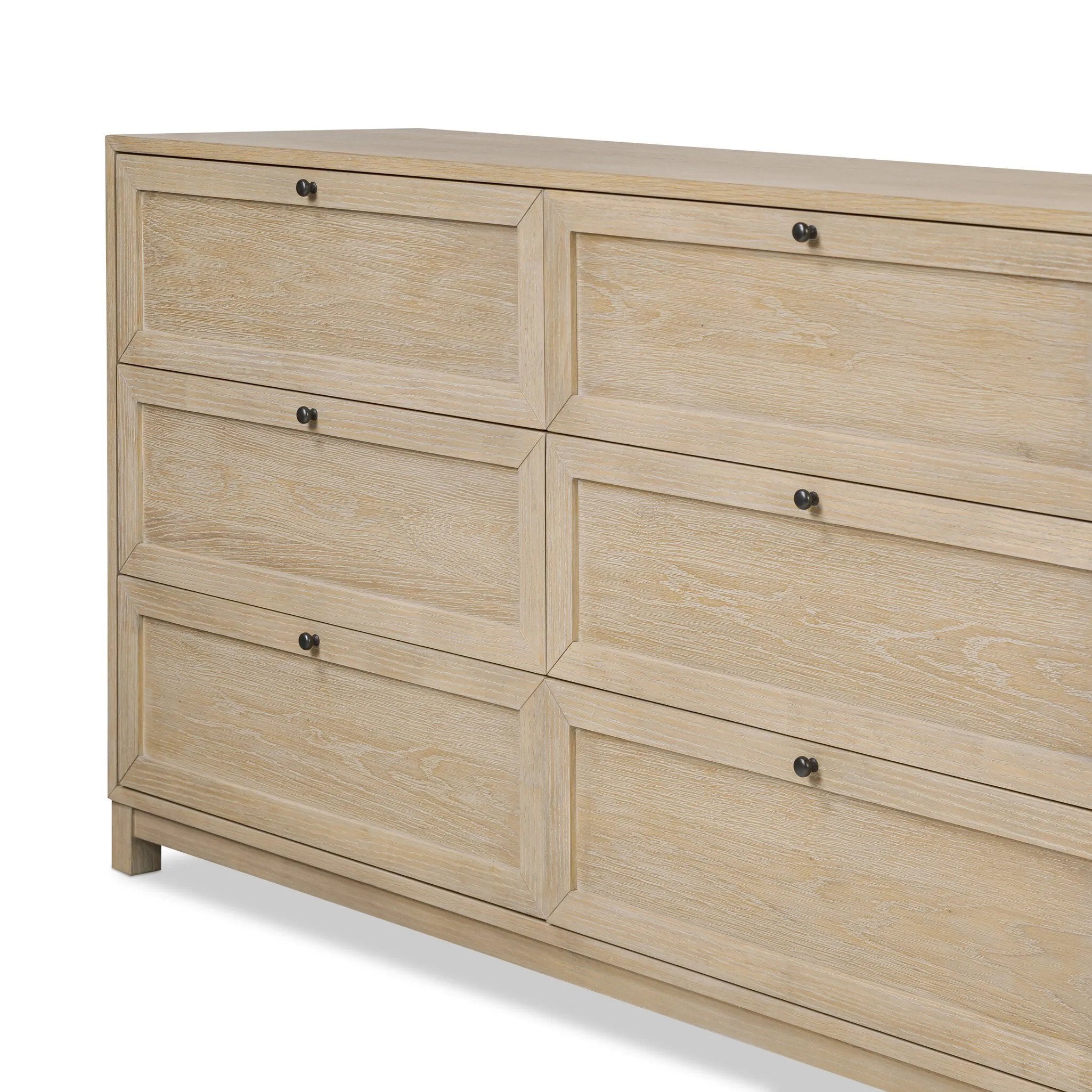 Featuring nine spacious drawers with smooth fronts fixed with matching knobs, this light oak veneer dresser brings spacious storage to the room. This item has been modified to comply with the STURDY Act. See a full list of modified products and data changes in the “STURDY Act” file in the Downloads section below Amethyst Home provides interior design, new home construction design consulting, vintage area rugs, and lighting in the Miami metro area.