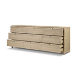 Featuring nine spacious drawers with smooth fronts fixed with matching knobs, this light oak veneer dresser brings spacious storage to the room. This item has been modified to comply with the STURDY Act. See a full list of modified products and data changes in the “STURDY Act” file in the Downloads section below Amethyst Home provides interior design, new home construction design consulting, vintage area rugs, and lighting in the Scottsdale metro area.