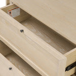 A light-finished oak veneer nightstand brings storage space to the bedside with two roomy drawers Amethyst Home provides interior design, new home construction design consulting, vintage area rugs, and lighting in the Los Angeles metro area.