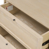 A light-finished oak veneer nightstand brings storage space to the bedside with two roomy drawers Amethyst Home provides interior design, new home construction design consulting, vintage area rugs, and lighting in the Los Angeles metro area.