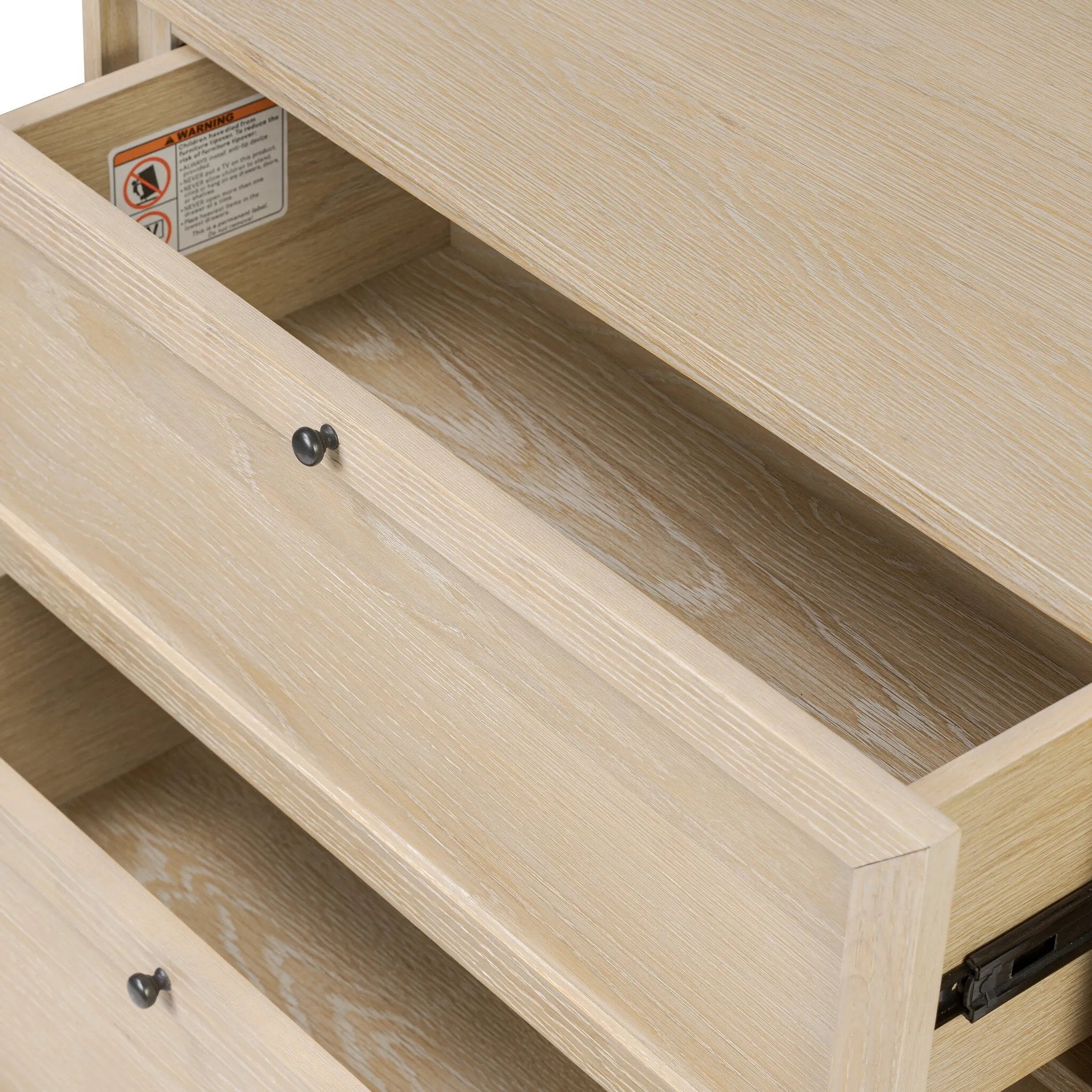 A light-finished oak veneer nightstand brings storage space to the bedside with two roomy drawers Amethyst Home provides interior design, new home construction design consulting, vintage area rugs, and lighting in the Los Angeles metro area.