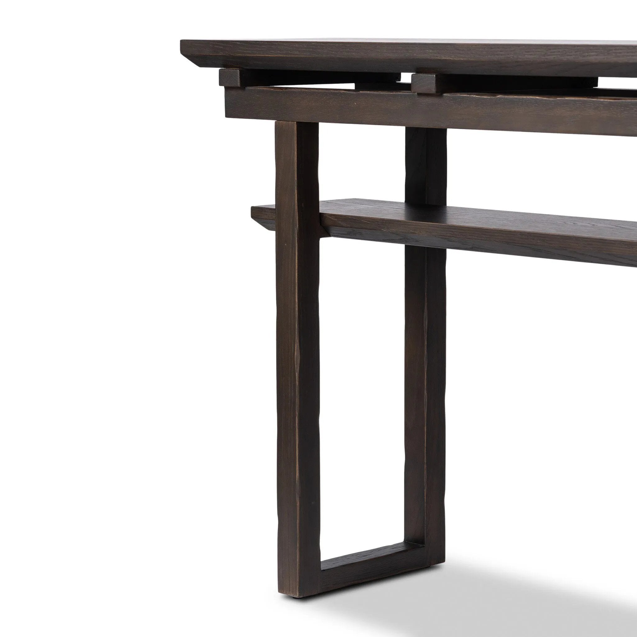 A tea house-inspired piece made from solid oak features natural cracks and graining and a warm cocoa finish Amethyst Home provides interior design, new home construction design consulting, vintage area rugs, and lighting in the Dallas metro area.