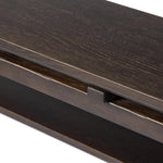 A tea house-inspired piece made from solid oak features natural cracks and graining and a warm cocoa finish Amethyst Home provides interior design, new home construction design consulting, vintage area rugs, and lighting in the Winter Garden metro area.