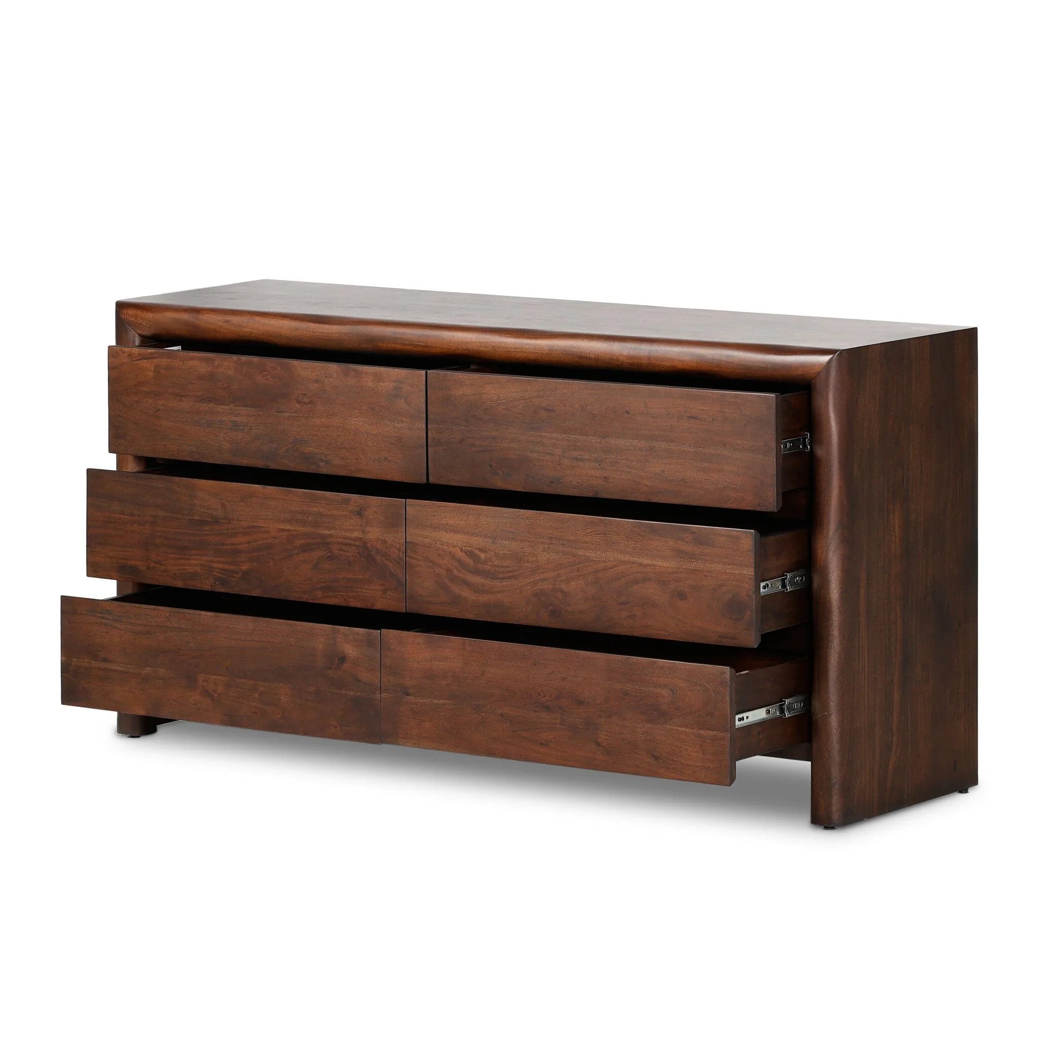 Featuring Nigel Rustic Brown Acacia 6 Drawer Dresser by Four Hands at Amethyst Home. Made from solid acacia and finished in a rustic brown, a six-drawer, waterfall-shaped dresser features soft volume, mitered corners and a faux live edge.Overall Dimensions: 69.50"w x 20.00"d x 35.25"hWeight : 278.22 lbsMaterials : Solid Acacia. Amethyst Home provides interior design, new home construction design consulting, vintage area rugs, and lighting in the Charlotte metro area.