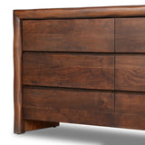 Featuring Nigel Rustic Brown Acacia 6 Drawer Dresser by Four Hands at Amethyst Home. Made from solid acacia and finished in a rustic brown, a six-drawer, waterfall-shaped dresser features soft volume, mitered corners and a faux live edge.Overall Dimensions: 69.50"w x 20.00"d x 35.25"hWeight : 278.22 lbsMaterials : Solid Acacia. Amethyst Home provides interior design, new home construction design consulting, vintage area rugs, and lighting in the Portland metro area.