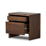 Featuring Nigel Rustic Brown Acacia Nightstand by Four Hands at Amethyst Home. A faux live edge lends natural character to the waterfall frame, its mitered corners enhancing the seamless silhouette. Soft volumes and thick proportions exude a sense of permanence, while chamfered drawer pulls add refined functionality. The warm wood tones celebrate acacia's. Amethyst Home provides interior design, new home construction design consulting, vintage area rugs, and lighting in the Kansas City metro area.