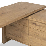 Customization and functionality fuse in a rotating desk of aged smoked oak. With plenty of storage space by way of drawers and cabinetry, a unique L shape and 360-degree mobility offer several orientation options, to comfortably suit a wide range of spaces Amethyst Home provides interior design, new home construction design consulting, vintage area rugs, and lighting in the Kansas City metro area.