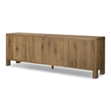 Featuring Noeline Resawn Worn Oak Sideboard by Four Hands at Amethyst Home. Made from resawn oak with a worn, natural finish, a long, streamlined sideboard offers ample storage space behind four push-latch doors. Subtly rounded corners add softness to otherwise clean lines, while knots and graining offer a naturally rich look. Dual rear cutouts for seamless co. Amethyst Home provides interior design, new home construction design consulting, vintage area rugs, and lighting in the Boston metro area.