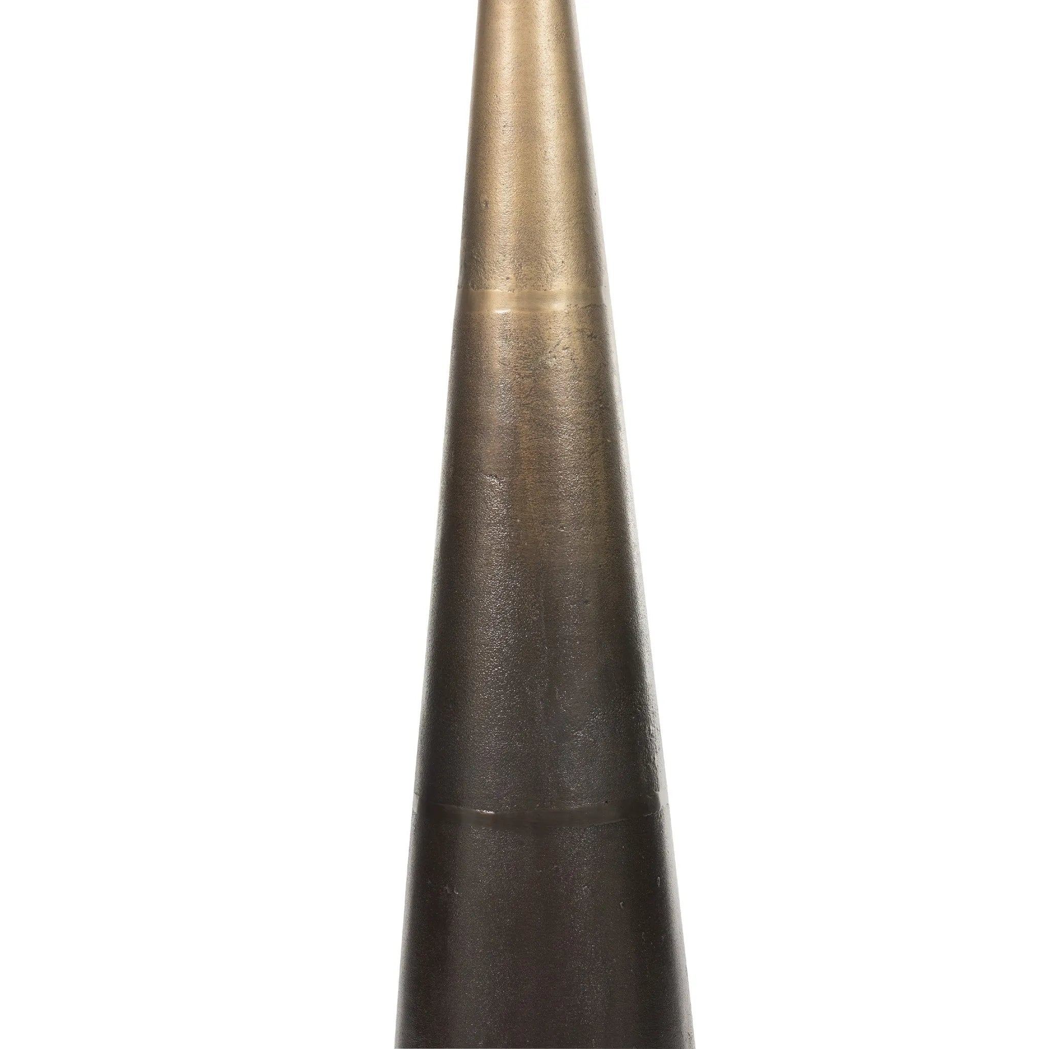 A striking silhouette. An antique brass finish highlights iron's gradual blending of hues for a distinctive ombre effect on this tapered metal base. Topped with a 100% cotton shade Amethyst Home provides interior design, new home construction design consulting, vintage area rugs, and lighting in the Laguna Beach metro area.