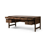 Featuring Oakley Dark Toasted Oak Veneer Desk by Four Hands at Amethyst Home. Made from warm-toasted oak, brass-finished bolt covers add an aesthetic element to a storage-driven desk. Eight drawers plus open shelving offer plenty of space for office staples.Overall Dimensions: 72.00"w x 32.00"d x 30.00"hWeight : 186.29 lbsMaterials: Oak Veneer. Amethyst Home provides interior design, new home construction design consulting, vintage area rugs, and lighting in the Omaha metro area.