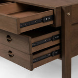 Featuring Oakley Dark Toasted Oak Veneer Desk by Four Hands at Amethyst Home. Made from warm-toasted oak, brass-finished bolt covers add an aesthetic element to a storage-driven desk. Eight drawers plus open shelving offer plenty of space for office staples.Overall Dimensions: 72.00"w x 32.00"d x 30.00"hWeight : 186.29 lbsMaterials: Oak Veneer. Amethyst Home provides interior design, new home construction design consulting, vintage area rugs, and lighting in the Park City metro area.