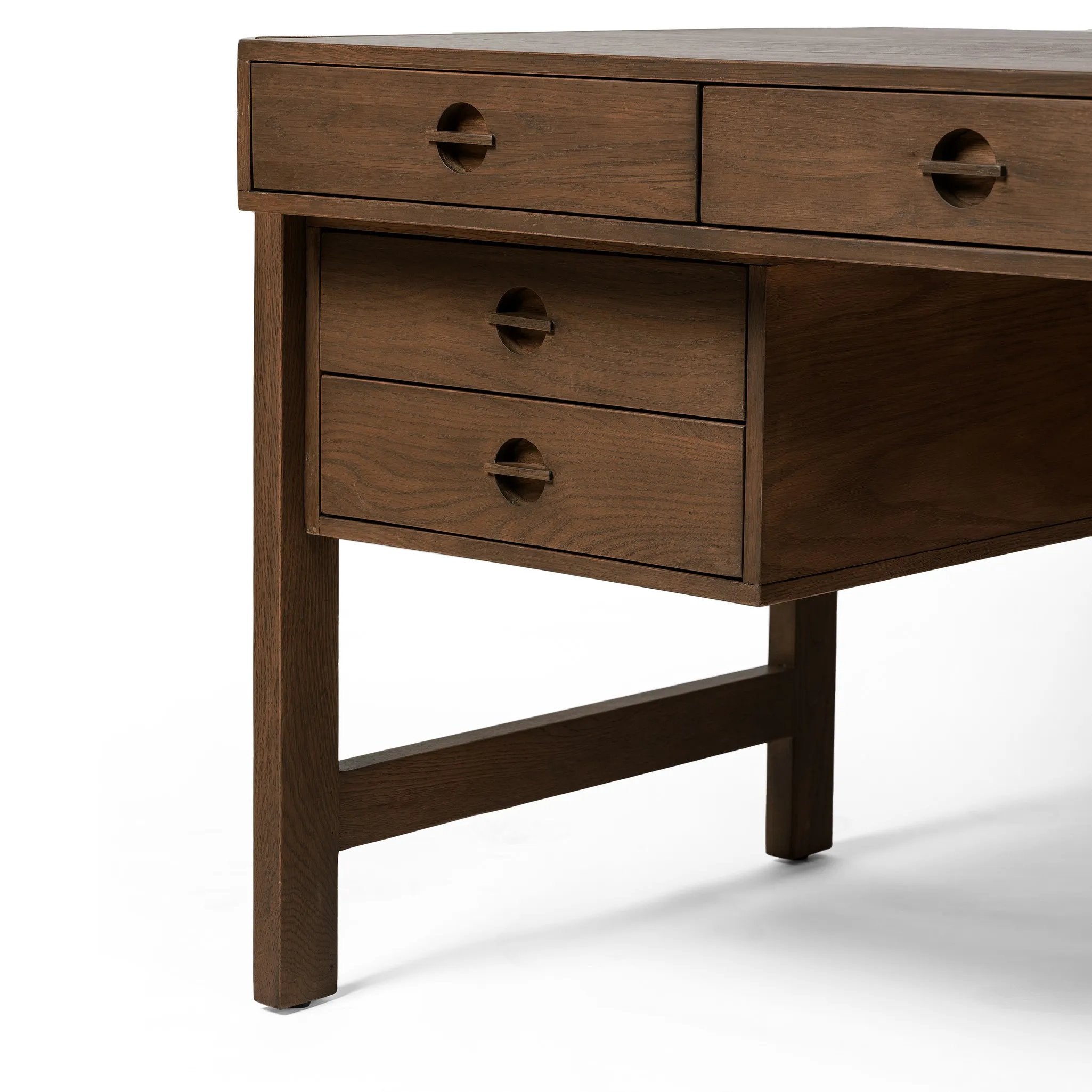 Featuring Oakley Dark Toasted Oak Veneer Desk by Four Hands at Amethyst Home. Made from warm-toasted oak, brass-finished bolt covers add an aesthetic element to a storage-driven desk. Eight drawers plus open shelving offer plenty of space for office staples.Overall Dimensions: 72.00"w x 32.00"d x 30.00"hWeight : 186.29 lbsMaterials: Oak Veneer. Amethyst Home provides interior design, new home construction design consulting, vintage area rugs, and lighting in the Tampa metro area.