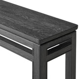 Featuring Oman Rustic Black Veneer Console Table by Four Hands at Amethyst Home. The traditional console table gets elevated with accent stretchers that bring a float-like look to simple shaping. Made from ash and oak, with a rustic black oak finish.Overall Dimensions: 78.00"w x 18.00"d x 32.00"hWeight : 108.03 lbsMaterials: Oak Veneer, Solid Ash, Engineere. Amethyst Home provides interior design, new home construction design consulting, vintage area rugs, and lighting in the Calabasas metro area.