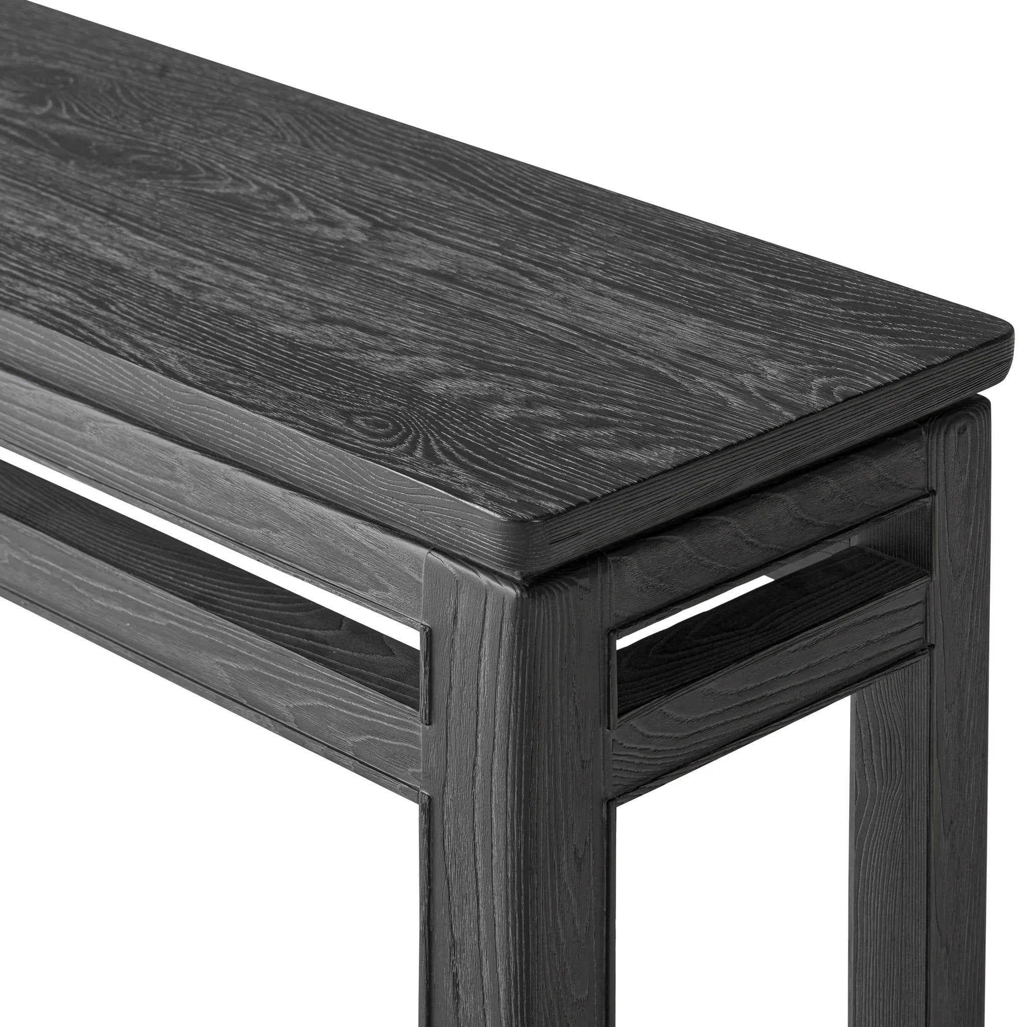 Featuring Oman Rustic Black Veneer Console Table by Four Hands at Amethyst Home. The traditional console table gets elevated with accent stretchers that bring a float-like look to simple shaping. Made from ash and oak, with a rustic black oak finish.Overall Dimensions: 78.00"w x 18.00"d x 32.00"hWeight : 108.03 lbsMaterials: Oak Veneer, Solid Ash, Engineere. Amethyst Home provides interior design, new home construction design consulting, vintage area rugs, and lighting in the Calabasas metro area.