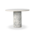 Featuring Oranda Polished White Marble Sealant Round Dining Table by Four Hands at Amethyst Home. Inspired by Italian design, a swirling marble base is scalloped for a linear look with heavy texture, finished with a rounded, bistro-size tabletop of polished white marble.Overall Dimensions: 42.00"w x 42.00"d x 30.00"hWeight : 195.00 lbsMaterials : Solid. Amethyst Home provides interior design, new home construction design consulting, vintage area rugs, and lighting in the Salt Lake City metro area.