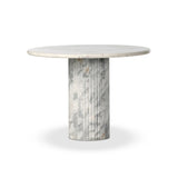 Featuring Oranda Polished White Marble Sealant Round Dining Table by Four Hands at Amethyst Home. Inspired by Italian design, a swirling marble base is scalloped for a linear look with heavy texture, finished with a rounded, bistro-size tabletop of polished white marble.Overall Dimensions: 42.00"w x 42.00"d x 30.00"hWeight : 195.00 lbsMaterials : Solid. Amethyst Home provides interior design, new home construction design consulting, vintage area rugs, and lighting in the Salt Lake City metro area.