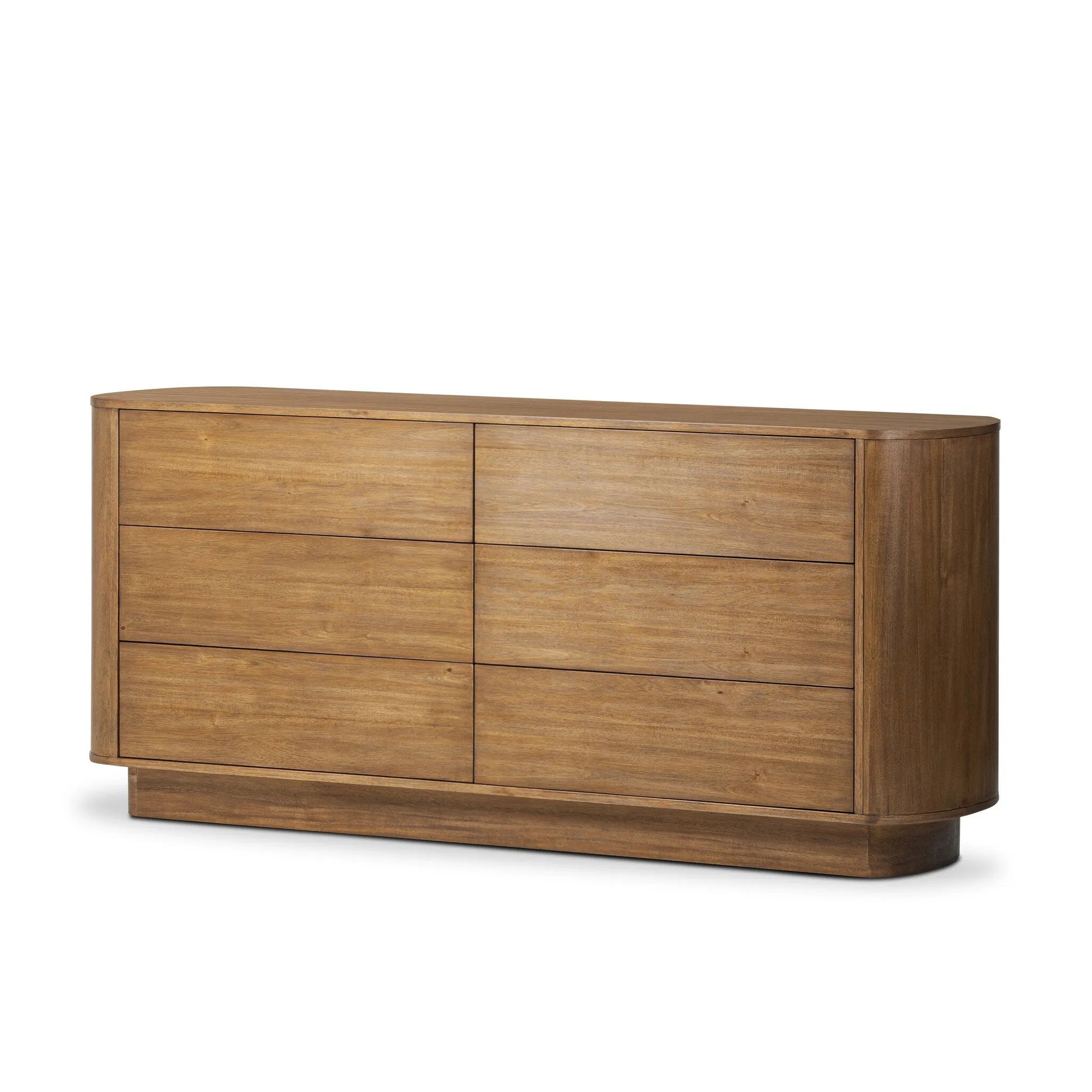 Seasoned brown acacia forms a pedestal base, bringing gentle curves to a classic dresser shape. Six drawers bring spacious storage to the bedroom Amethyst Home provides interior design, new home construction design consulting, vintage area rugs, and lighting in the Des Moines metro area.