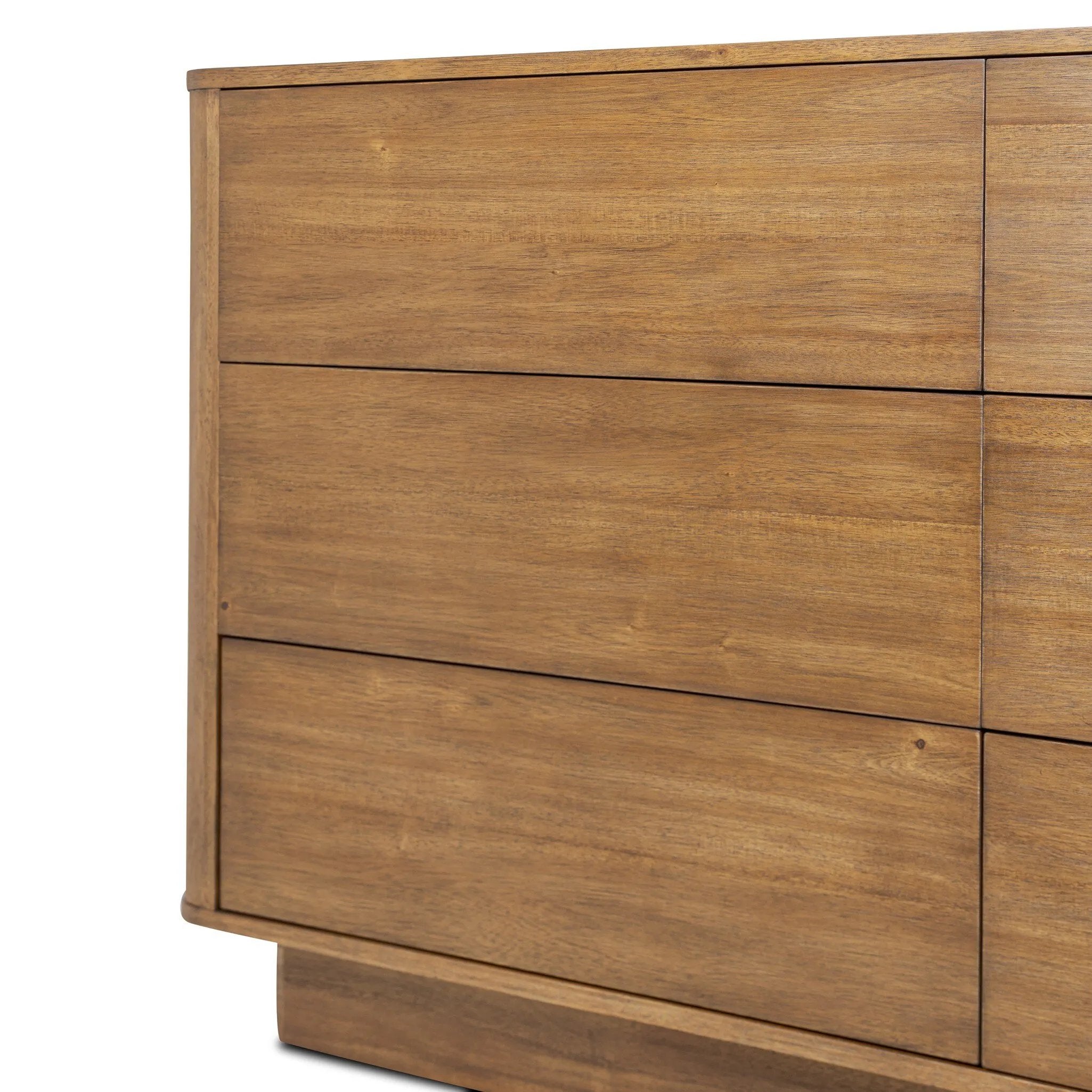 Seasoned brown acacia forms a pedestal base, bringing gentle curves to a classic dresser shape. Six drawers bring spacious storage to the bedroom Amethyst Home provides interior design, new home construction design consulting, vintage area rugs, and lighting in the Kansas City metro area.
