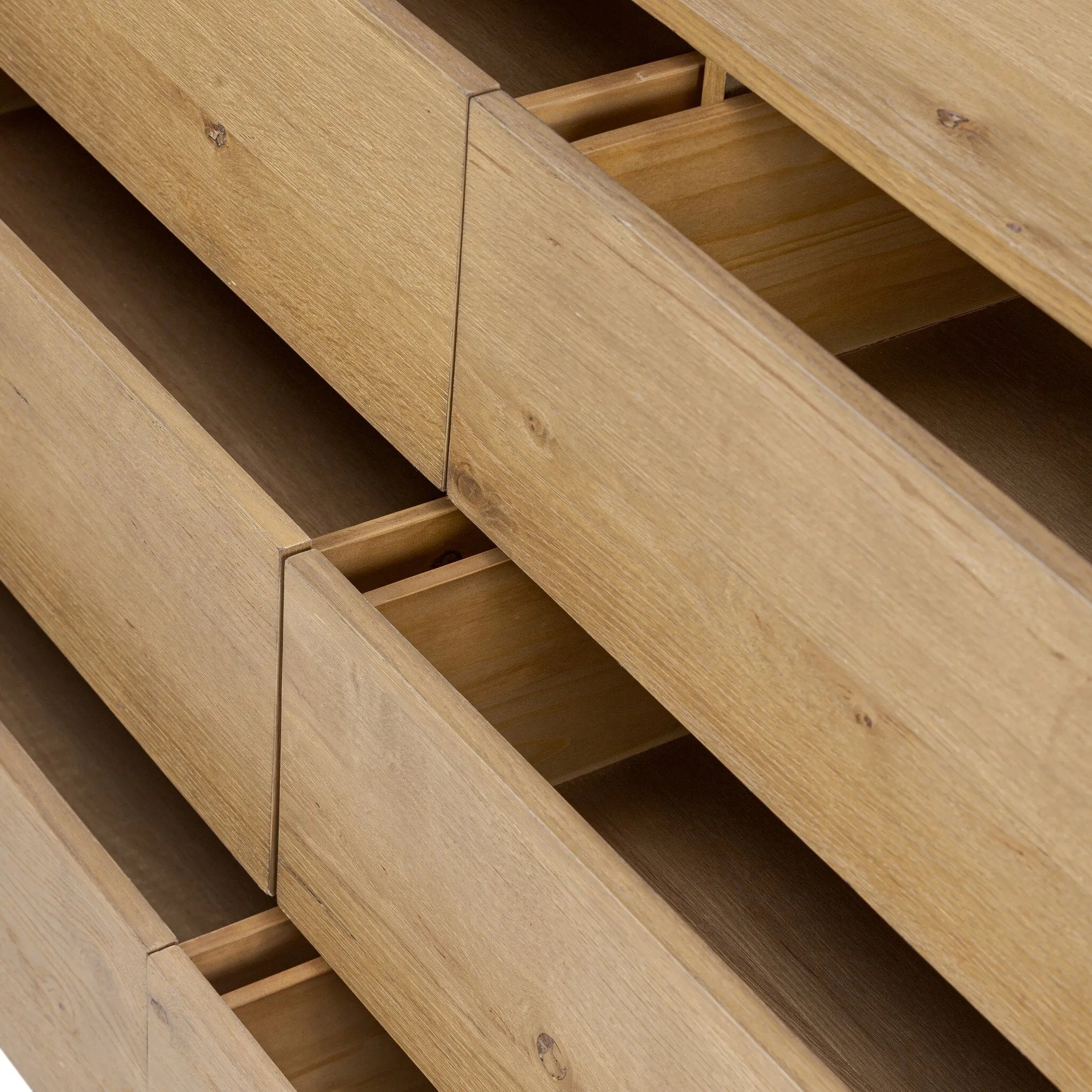 Light, worn oak forms a pedestal base, bringing gentle curves to a classic dresser shape. Six drawers bring spacious storage to the bedroom Amethyst Home provides interior design, new home construction design consulting, vintage area rugs, and lighting in the Des Moines metro area.