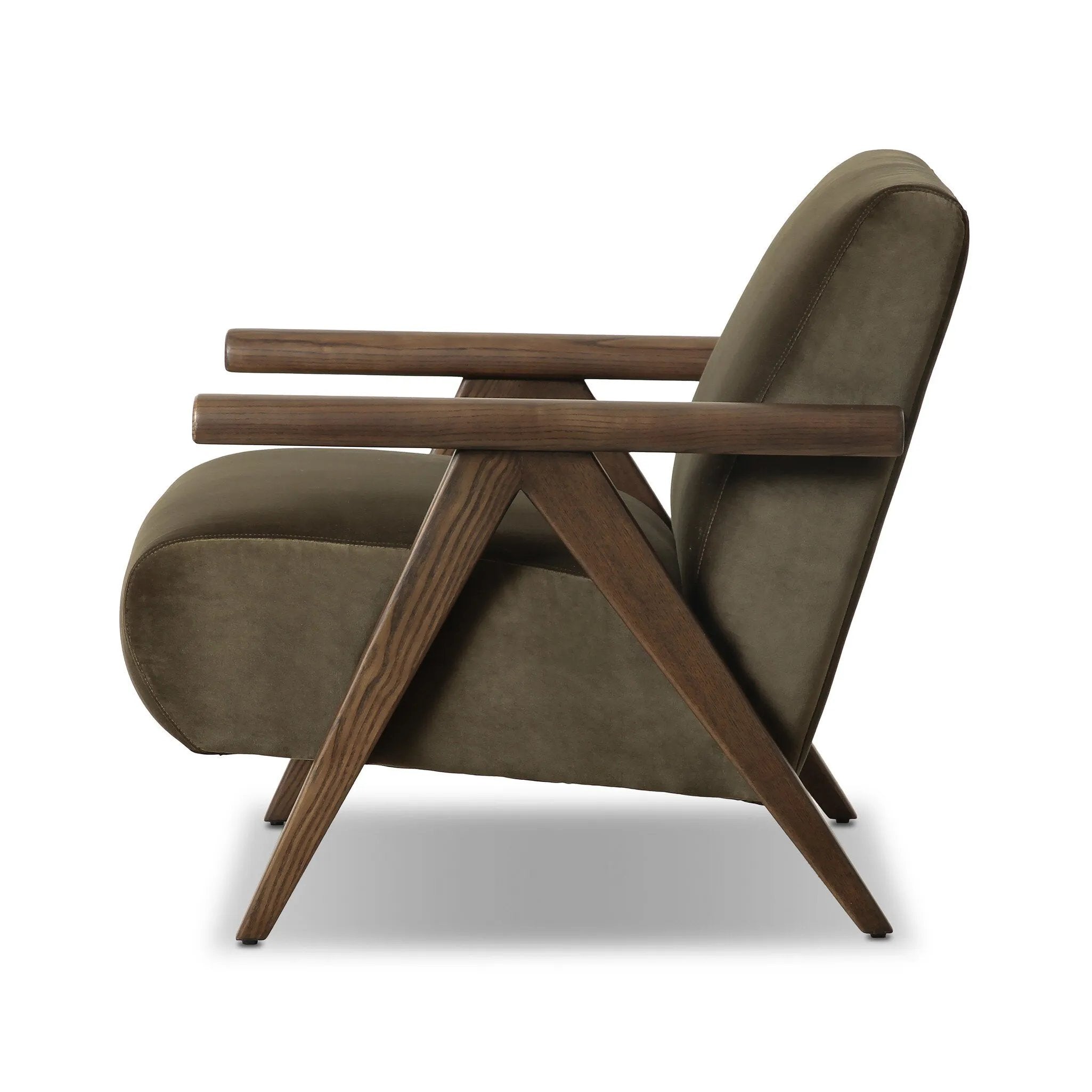 Contemporary outfitting of a vintage chair design offers easy comfort. Upholstered in velvety olive green, the wooden frame is finished in a vintage ash hue. Ideally placed as an accent chair or in pairs Amethyst Home provides interior design, new home construction design consulting, vintage area rugs, and lighting in the Charlotte metro area.