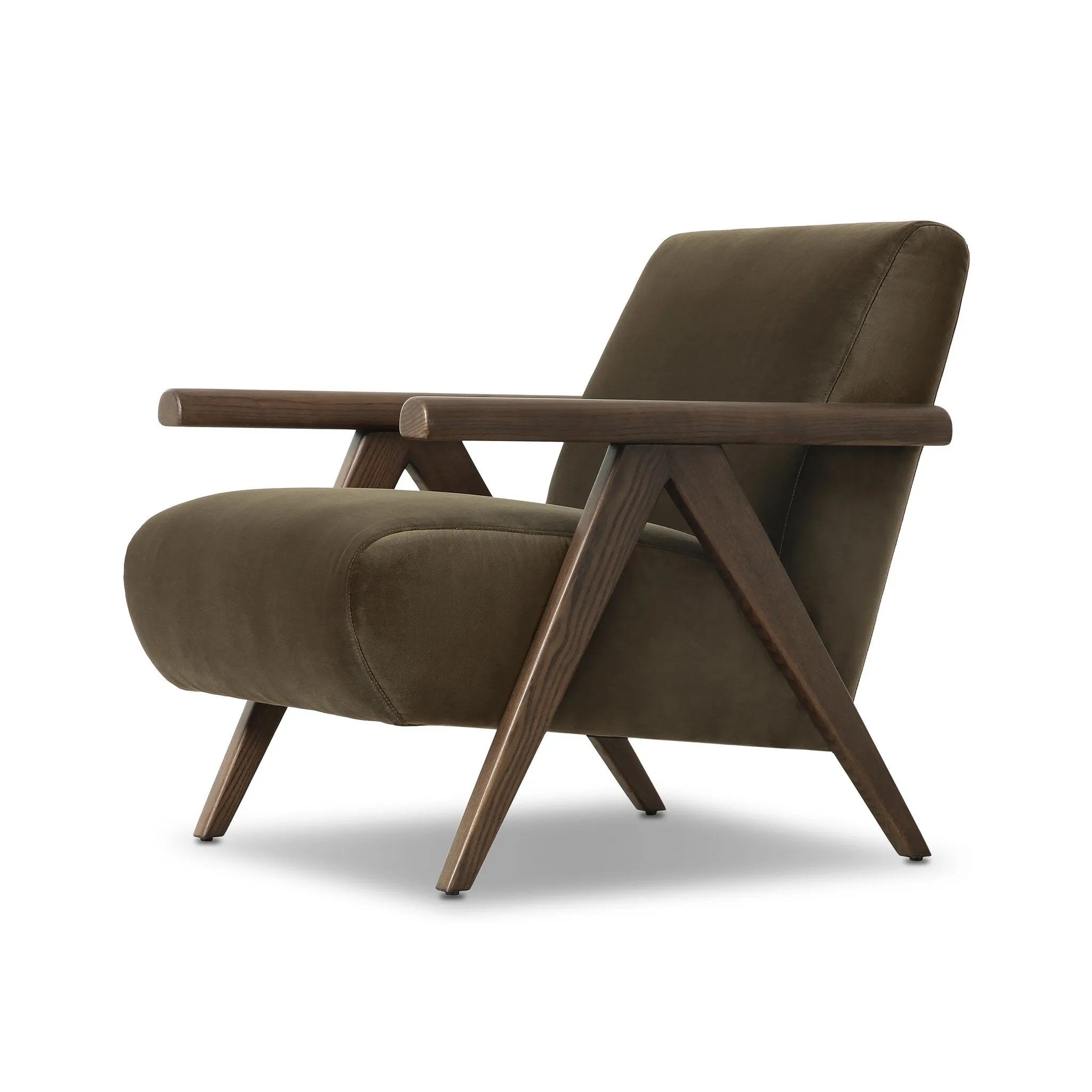 Contemporary outfitting of a vintage chair design offers easy comfort. Upholstered in velvety olive green, the wooden frame is finished in a vintage ash hue. Ideally placed as an accent chair or in pairs Amethyst Home provides interior design, new home construction design consulting, vintage area rugs, and lighting in the Monterey metro area.