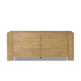 Beauty in simplicity. A clean, spacious six-drawer dresser of blonde-finished pine can be styled into a wide range of styles thanks to its neutral versatility Amethyst Home provides interior design, new home construction design consulting, vintage area rugs, and lighting in the Omaha metro area.