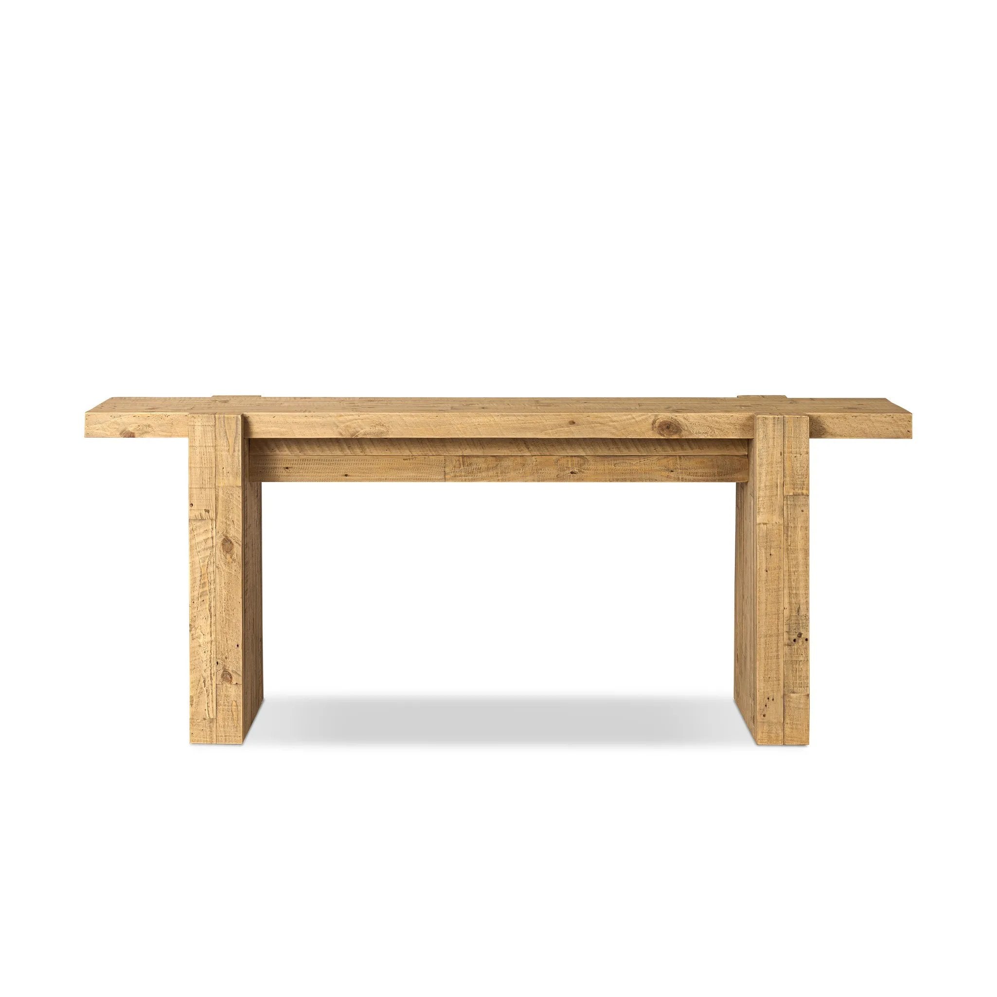 Featuring Perot Light Blonde Pine Console Table by Four Hands at Amethyst Home. Beauty in simplicity. A light, blonde-finished base supports an inset beam-style top which appears to intersect for extra intrigue.Overall Dimensions: 78.00"w x 18.00"d x 32.00"hWeight : 88.18 lbsMaterials: Solid Reclaimed Pine. Amethyst Home provides interior design, new home construction design consulting, vintage area rugs, and lighting in the Houston metro area.