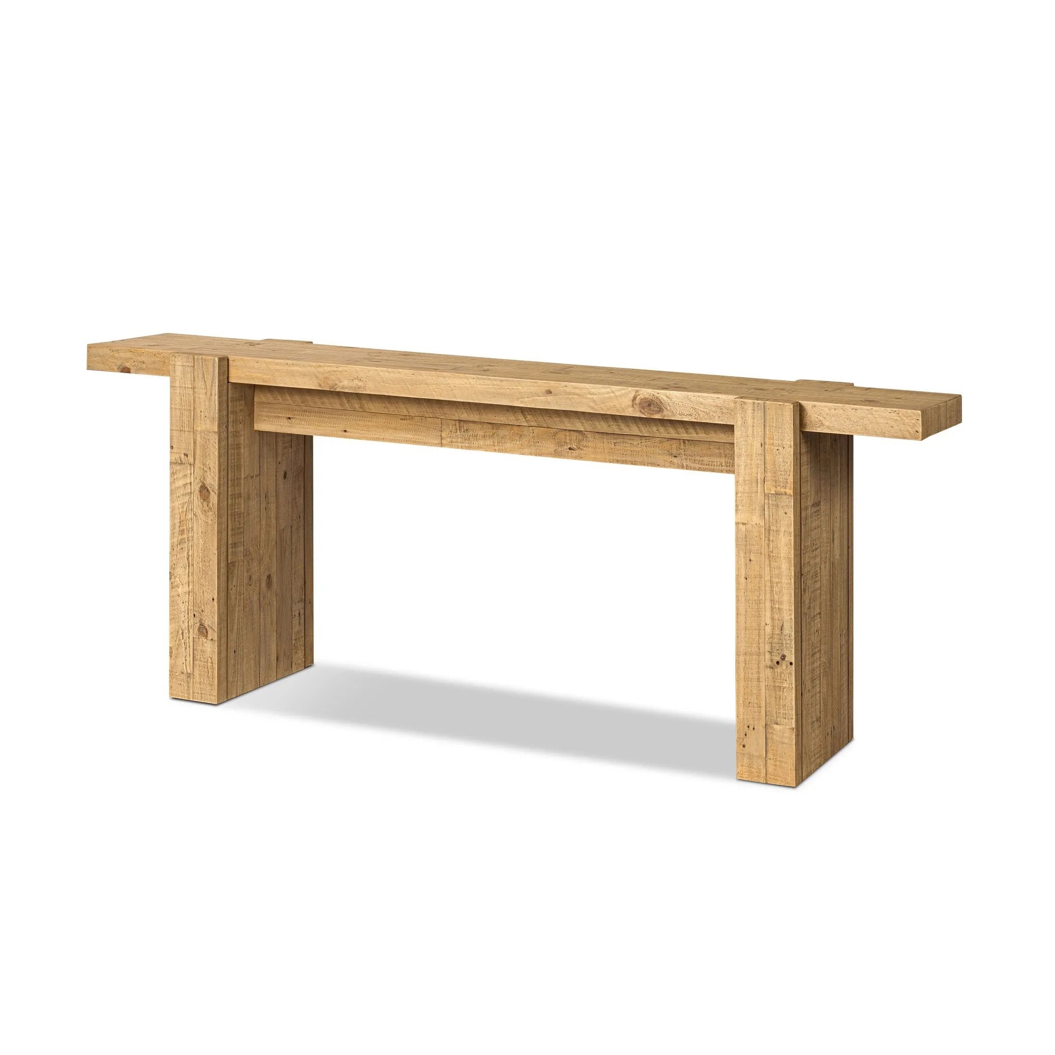 Featuring Perot Light Blonde Pine Console Table by Four Hands at Amethyst Home. Beauty in simplicity. A light, blonde-finished base supports an inset beam-style top which appears to intersect for extra intrigue.Overall Dimensions: 78.00"w x 18.00"d x 32.00"hWeight : 88.18 lbsMaterials: Solid Reclaimed Pine. Amethyst Home provides interior design, new home construction design consulting, vintage area rugs, and lighting in the Park City metro area.