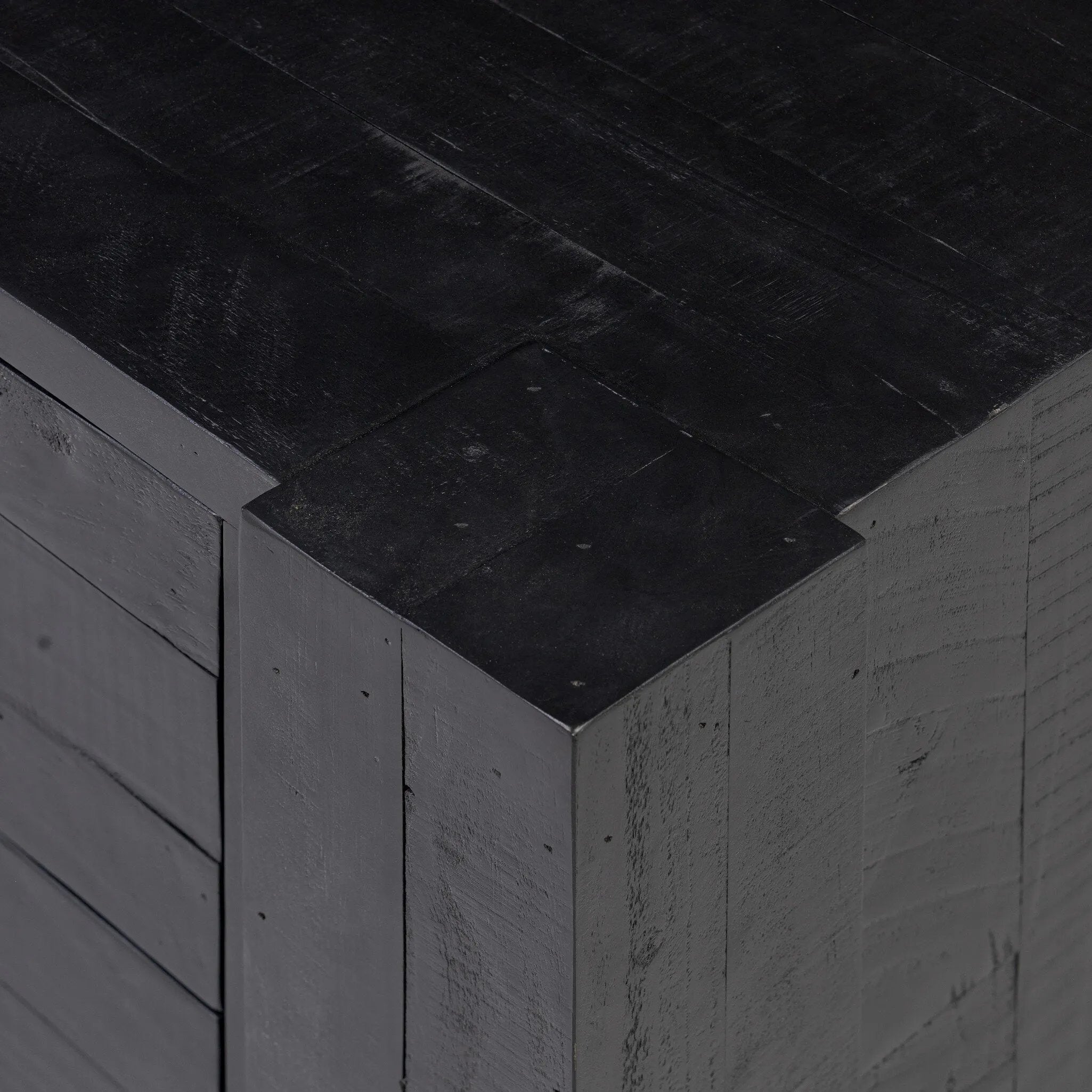 Beauty in simplicity. A clean cube of aged black-finished pine can be styled into a wide range of styles and spaces Amethyst Home provides interior design, new home construction design consulting, vintage area rugs, and lighting in the Miami metro area.