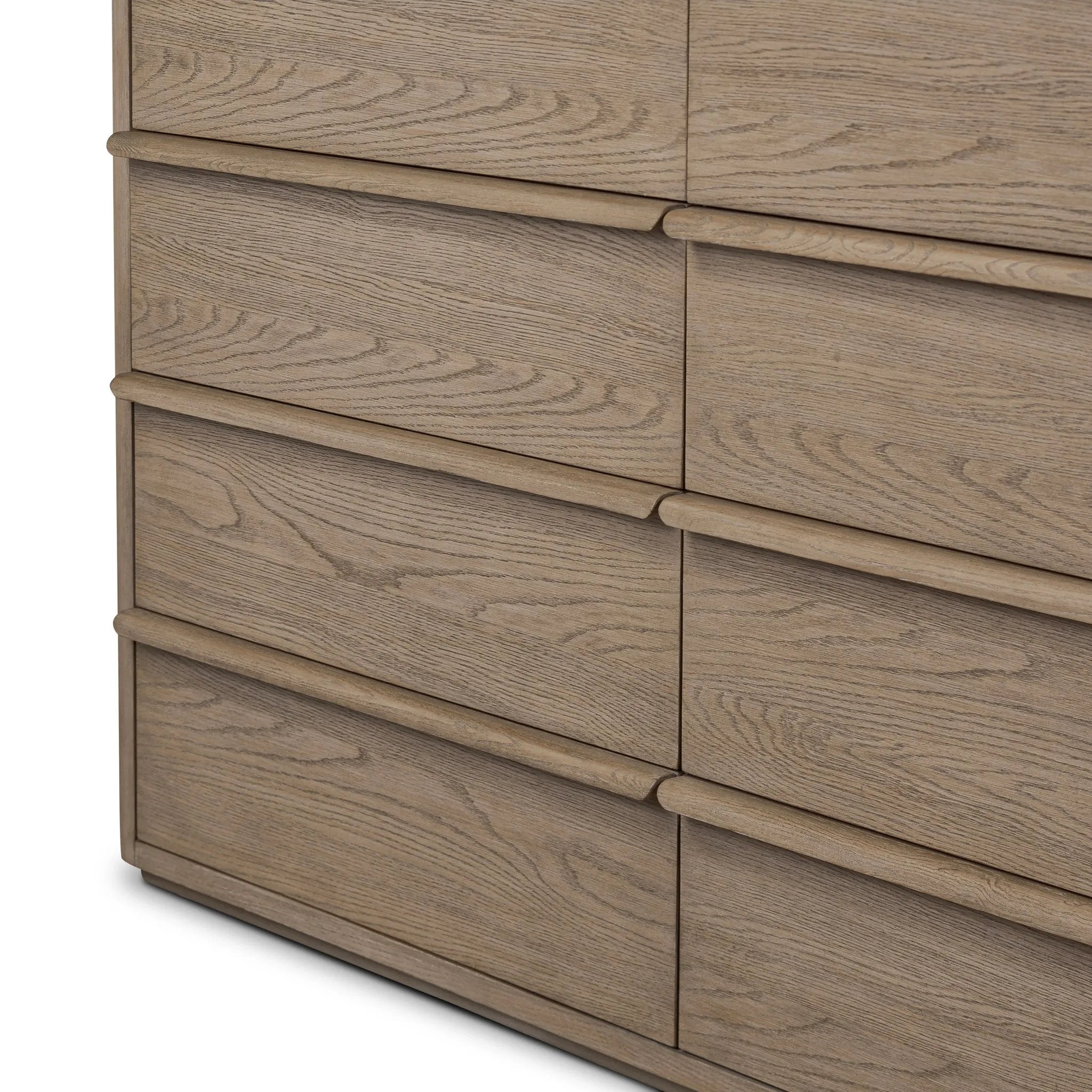 Rounded corners soften the straight-edged look of this 10-drawer dresser, crafted from natural oak in a warm grey finish. Wide smooth-gliding drawers are fully finished on the inside Amethyst Home provides interior design, new home construction design consulting, vintage area rugs, and lighting in the Winter Garden metro area.