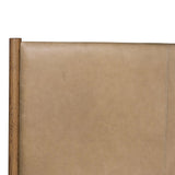 Rounded, chunky dowel legs in an amber oak finish frame the tan top-grain leather headboard of this simple-but-striking bed frame Amethyst Home provides interior design, new home construction design consulting, vintage area rugs, and lighting in the Houston metro area.