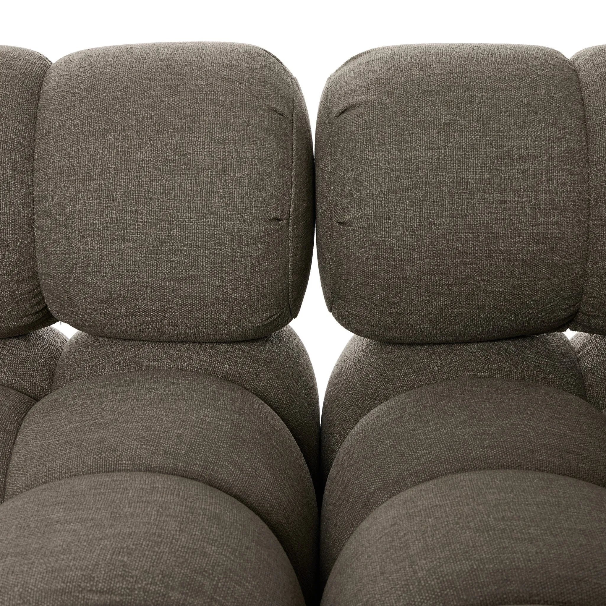 Featuring Roma Alessi Fawn Outdoor 4-Piece Sectional by Four Hands at Amethyst Home. A modern take on mid-century Italian design, soft volume and exaggerated proportions fuse for a sculpted look and playful feel. Atop a plinth-style teak base, outdoor-friendly four-piece sectional features dramatic tufting for a padded sit, indoors and out. Sustainably made . Amethyst Home provides interior design, new home construction design consulting, vintage area rugs, and lighting in the Portland metro area.