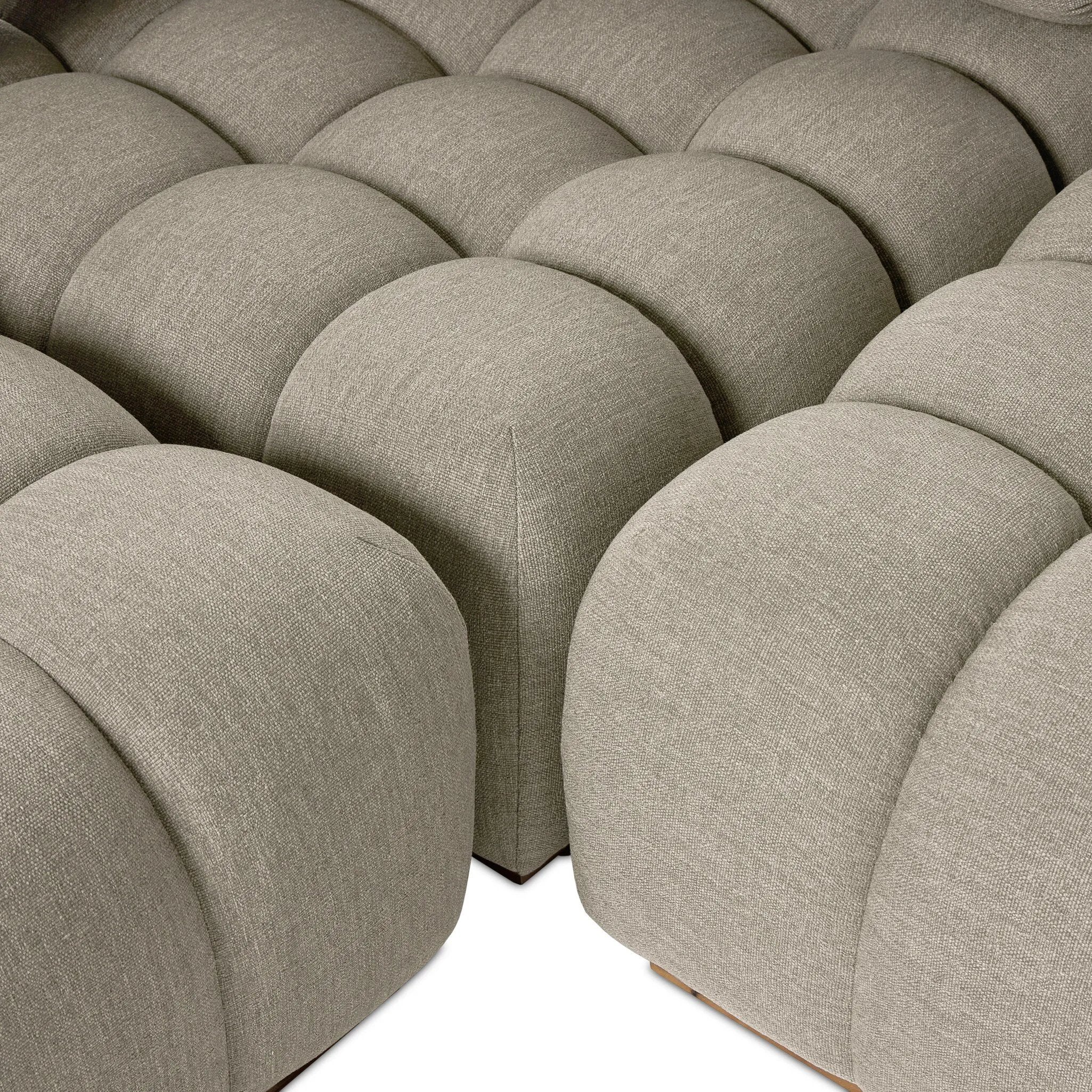 Featuring Roma Alessi Fawn Outdoor 5-Piece Sectional by Four Hands at Amethyst Home. A modern take on mid-century Italian design, soft volume and exaggerated proportions fuse for a sculpted look and playful feel. Atop a plinth-style teak base, outdoor-friendly five-piece sectional features dramatic tufting for a padded sit, indoors and out. Sustainably made w. Amethyst Home provides interior design, new home construction design consulting, vintage area rugs, and lighting in the Seattle metro area.