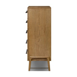 Amber-finished oak forms a clean silhouette for six spacious drawers with iron hardware wrapped in black top-grain leather. This item has been modified to comply with the STURDY Act. See a full list of modified products and data changes in the “STURDY Act” file in the Downloads section below Amethyst Home provides interior design, new home construction design consulting, vintage area rugs, and lighting in the Houston metro area.