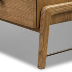 Amber-finished oak forms a clean silhouette for six spacious drawers with iron hardware wrapped in black top-grain leather. This item has been modified to comply with the STURDY Act. See a full list of modified products and data changes in the “STURDY Act” file in the Downloads section below Amethyst Home provides interior design, new home construction design consulting, vintage area rugs, and lighting in the Los Angeles metro area.