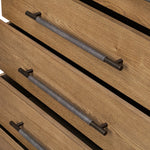 Amber-finished oak forms a clean silhouette for six spacious drawers with iron hardware wrapped in black top-grain leather. This item has been modified to comply with the STURDY Act. See a full list of modified products and data changes in the “STURDY Act” file in the Downloads section below Amethyst Home provides interior design, new home construction design consulting, vintage area rugs, and lighting in the Salt Lake City metro area.